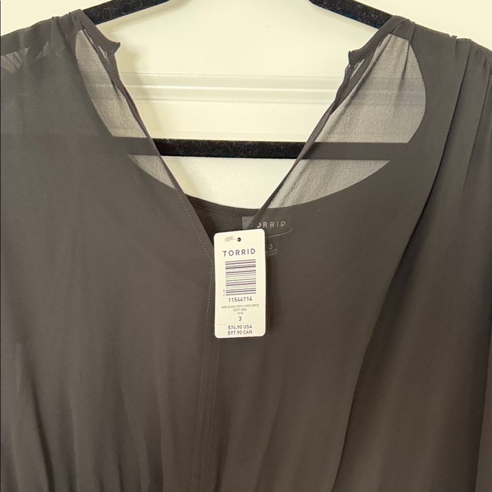 NWT Torrid Black Long Sleeve Chiffon Midi Dress - Picture 3 of 6